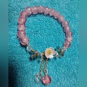 Pink green clear cracked glass beads flower floral stretch bracelet